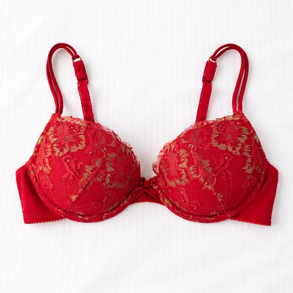 H&M Red & Gold Lace Push-Up Bra with Removable Padding – 34B *Like New*